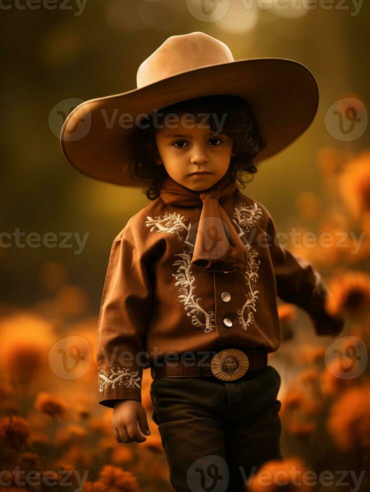 Mexican kid in emotional dynamic pose on autumn background AI Generative photo