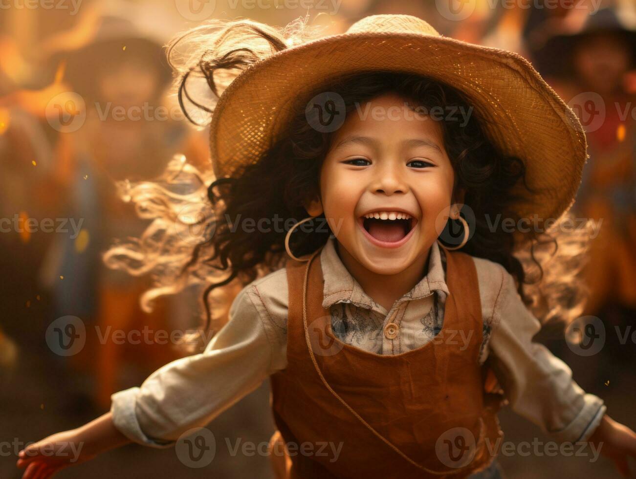 Mexican kid in emotional dynamic pose on autumn background AI Generative photo