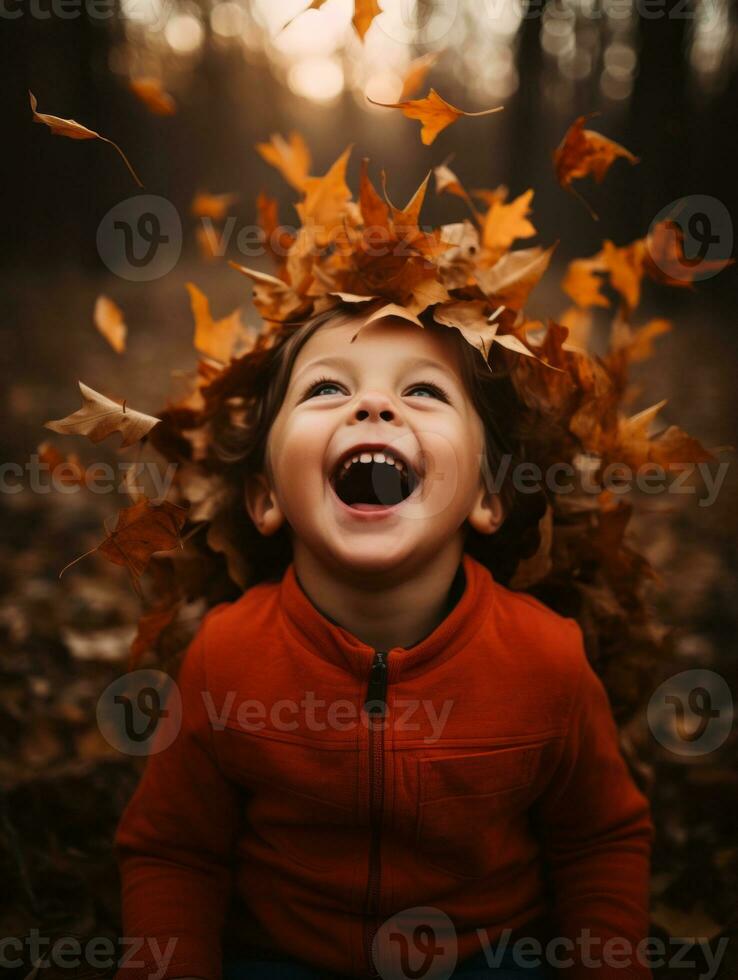 Mexican kid in emotional dynamic pose on autumn background AI Generative photo