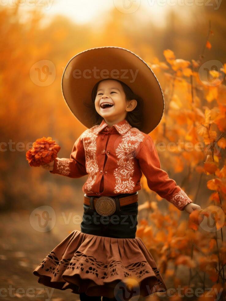 Mexican kid in emotional dynamic pose on autumn background AI Generative photo