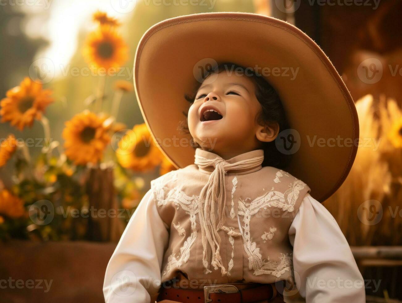 Mexican kid in emotional dynamic pose on autumn background AI Generative photo