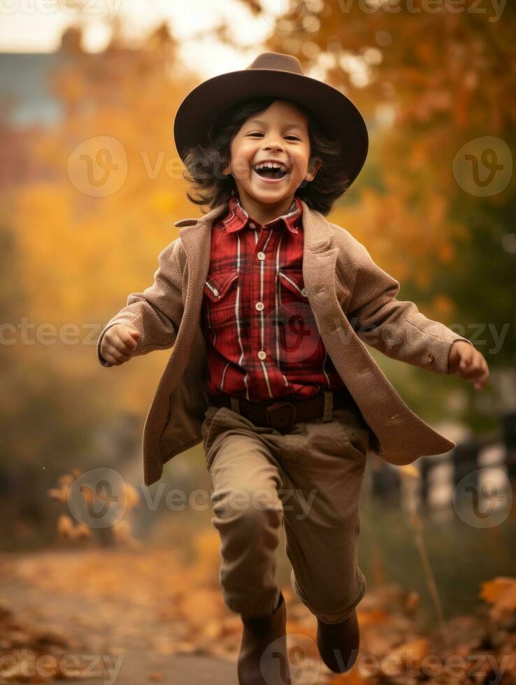 Mexican kid in emotional dynamic pose on autumn background AI Generative photo