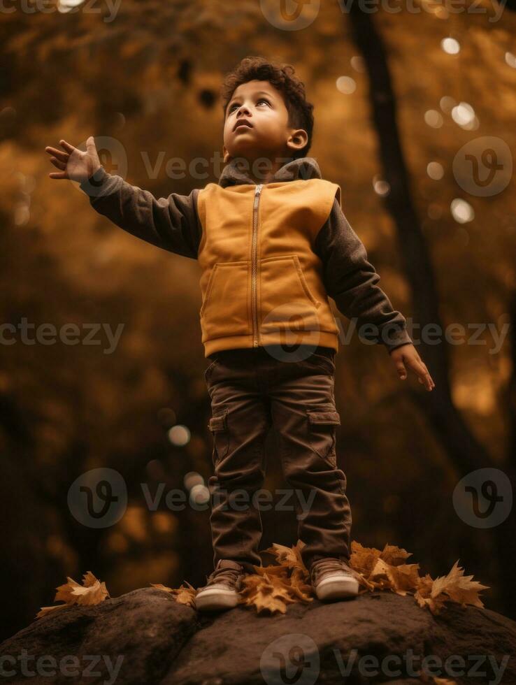 mexicano niño en emocional dinámica actitud en otoño antecedentes ai generativo foto