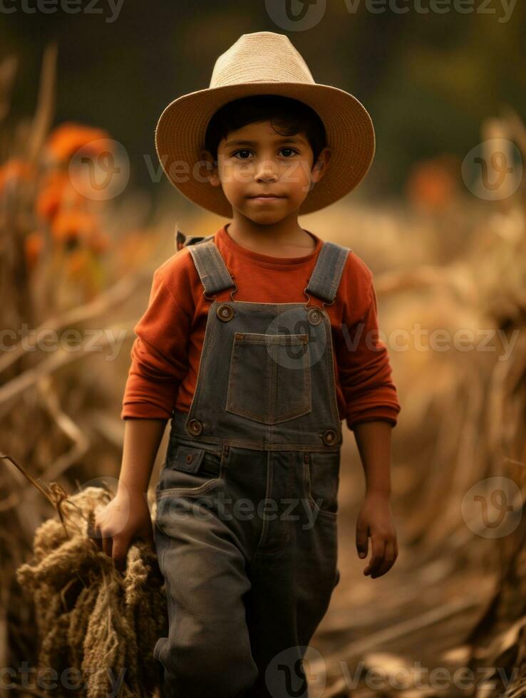 Mexican kid in emotional dynamic pose on autumn background AI Generative photo