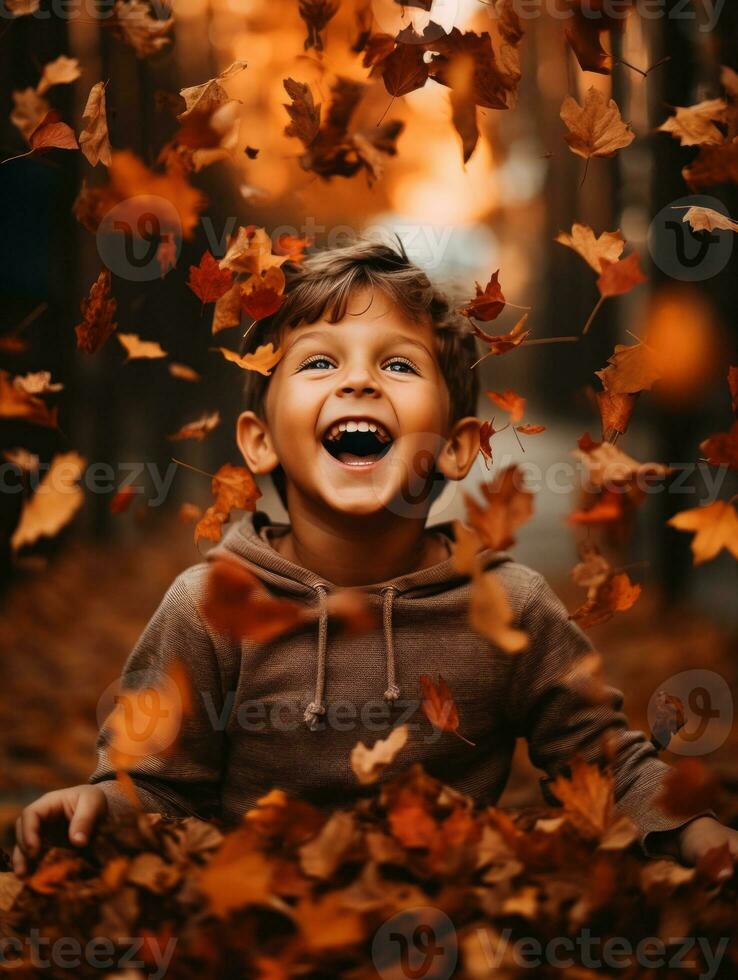 Mexican kid in emotional dynamic pose on autumn background AI Generative photo