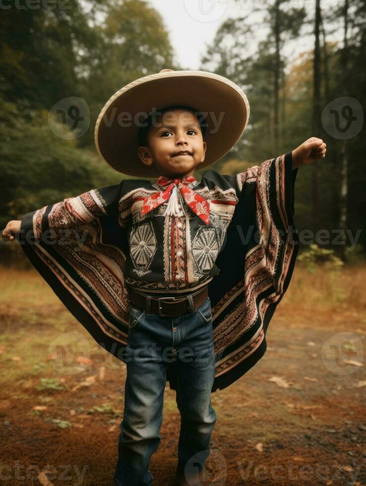 Mexican kid in emotional dynamic pose on autumn background AI Generative photo