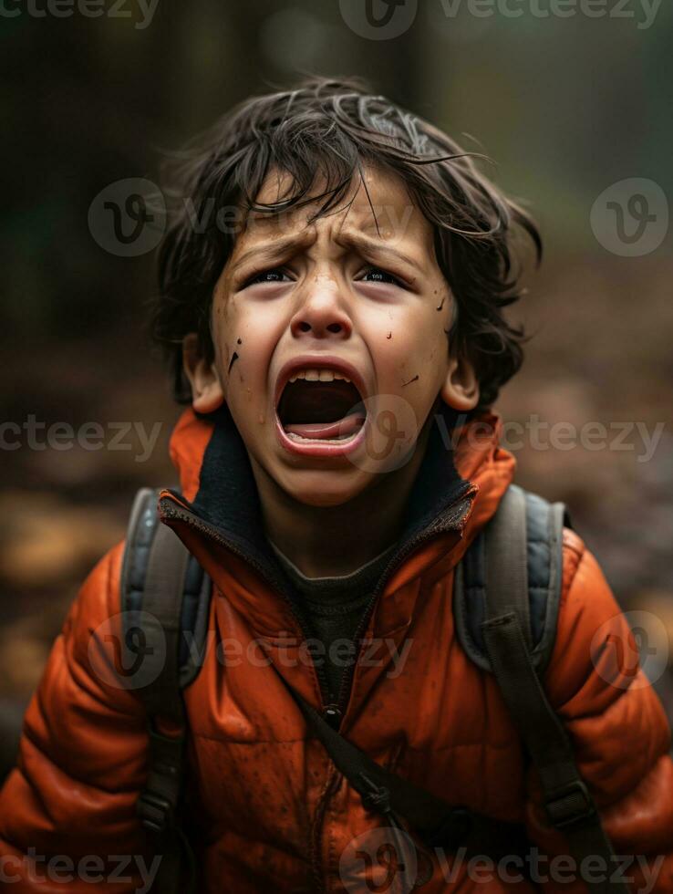 Mexican kid in emotional dynamic pose on autumn background AI Generative photo