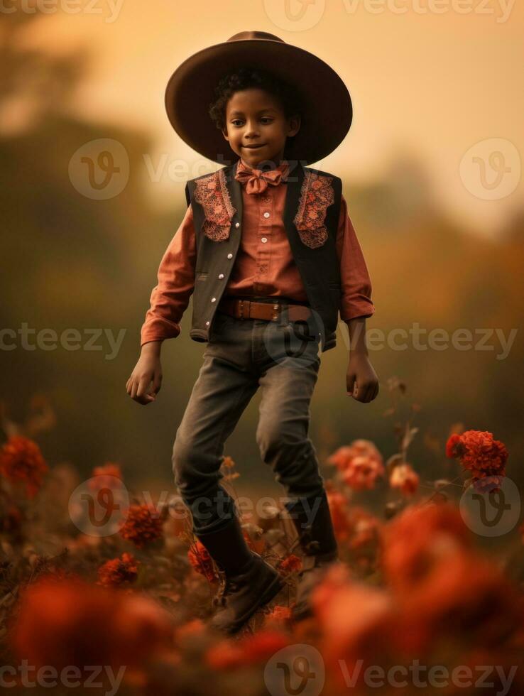 Mexican kid in emotional dynamic pose on autumn background AI Generative photo