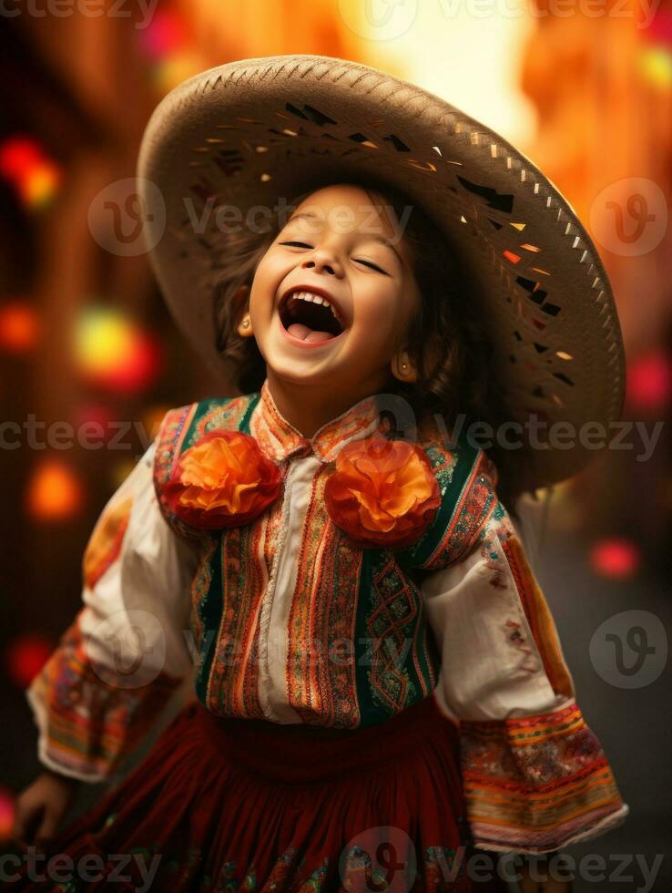 Mexican kid in emotional dynamic pose on autumn background AI Generative photo