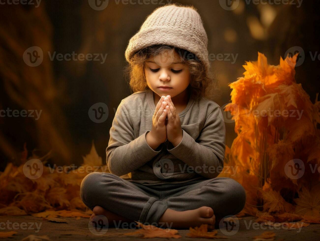 Mexican kid in emotional dynamic pose on autumn background AI Generative photo