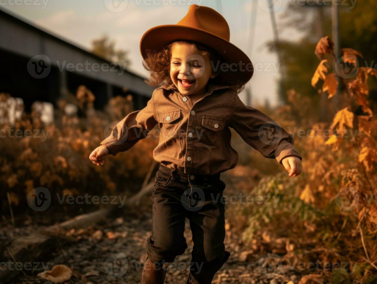 Mexican kid in emotional dynamic pose on autumn background AI Generative photo