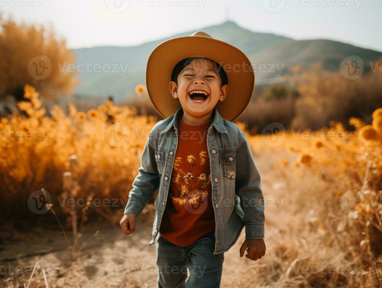 Mexican kid in emotional dynamic pose on autumn background AI Generative photo