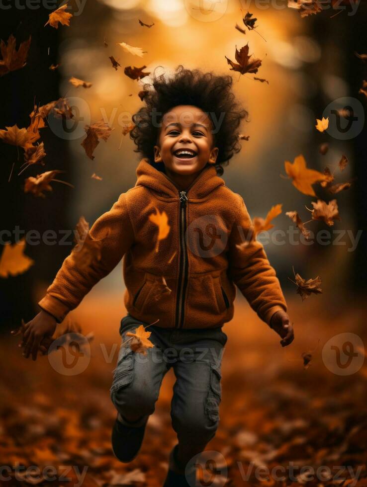 Mexican kid in emotional dynamic pose on autumn background AI Generative photo