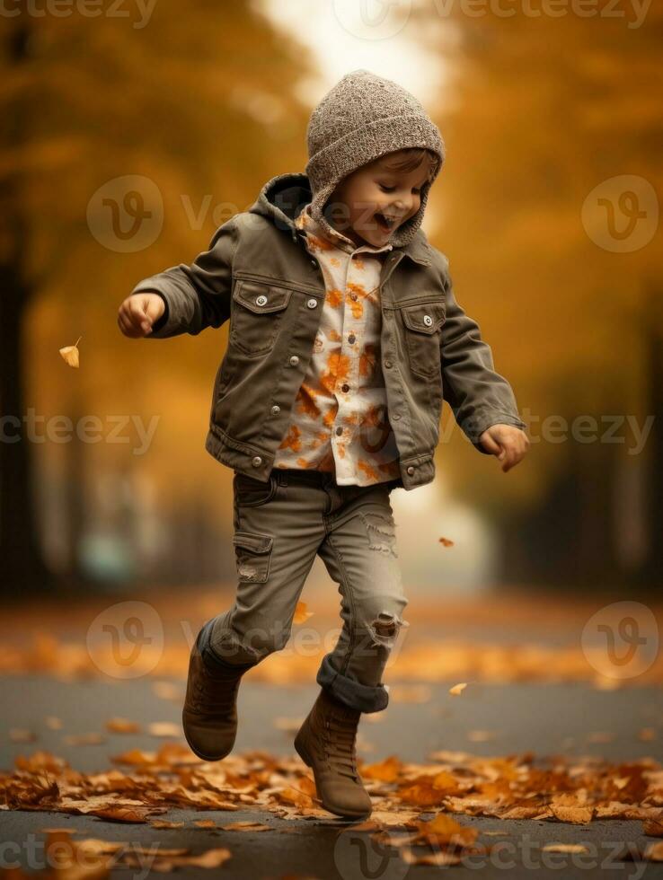 Mexican kid in emotional dynamic pose on autumn background AI Generative photo