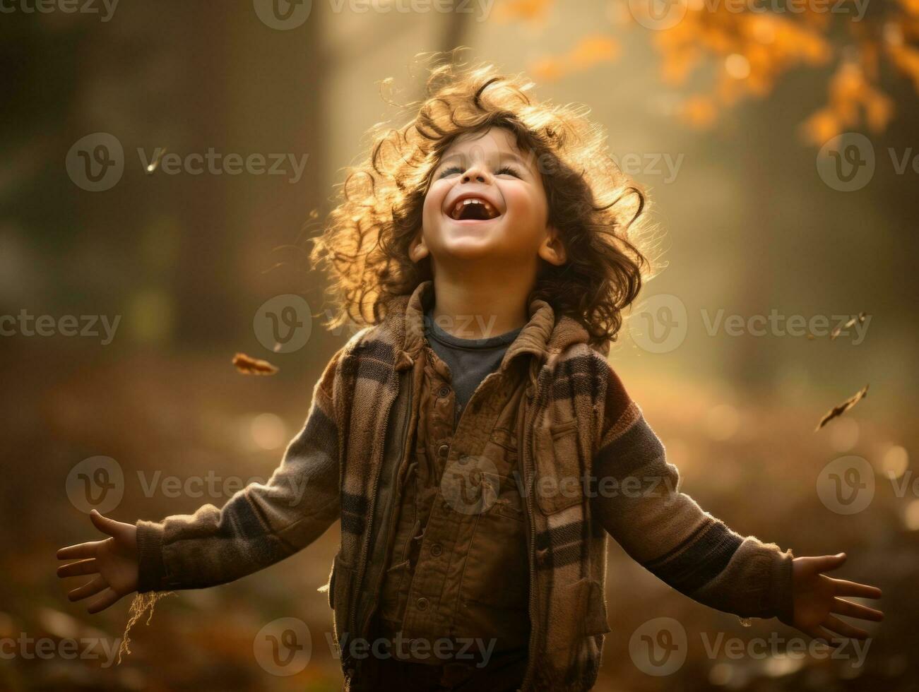 Mexican kid in emotional dynamic pose on autumn background AI Generative photo