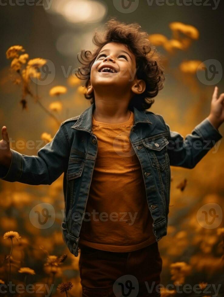 mexicano niño en emocional dinámica actitud en otoño antecedentes ai generativo foto