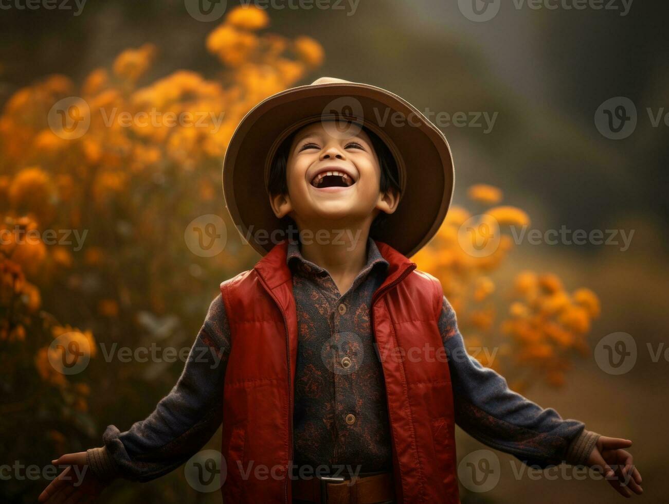 Mexican kid in emotional dynamic pose on autumn background AI Generative photo