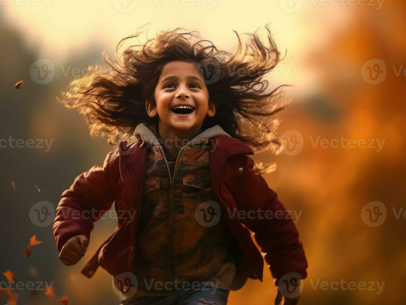 Mexican kid in emotional dynamic pose on autumn background AI Generative photo