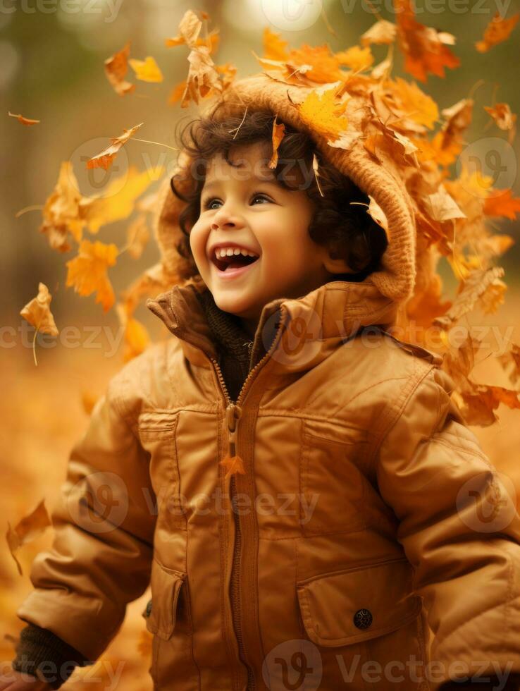 Mexican kid in emotional dynamic pose on autumn background AI Generative photo