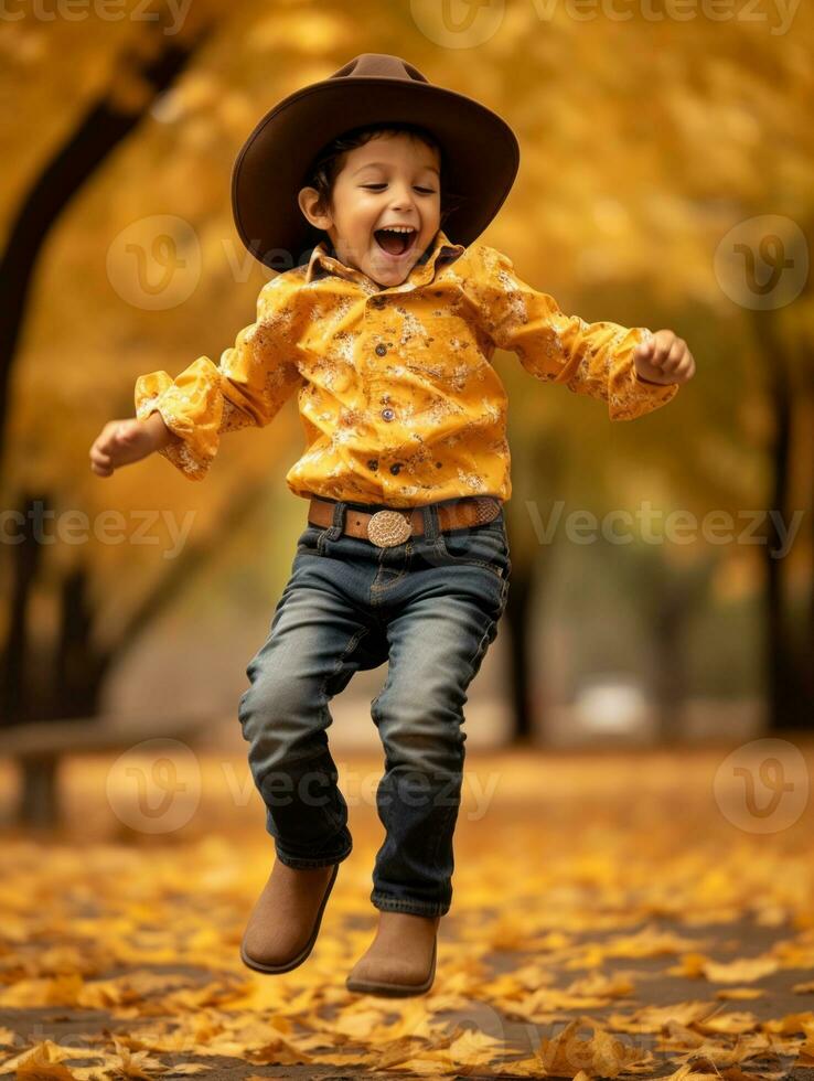 Mexican kid in emotional dynamic pose on autumn background AI Generative photo