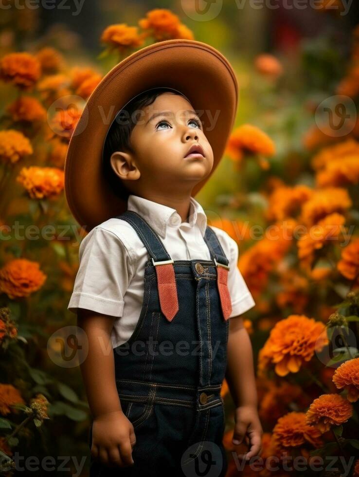 Mexican kid in emotional dynamic pose on autumn background AI Generative photo