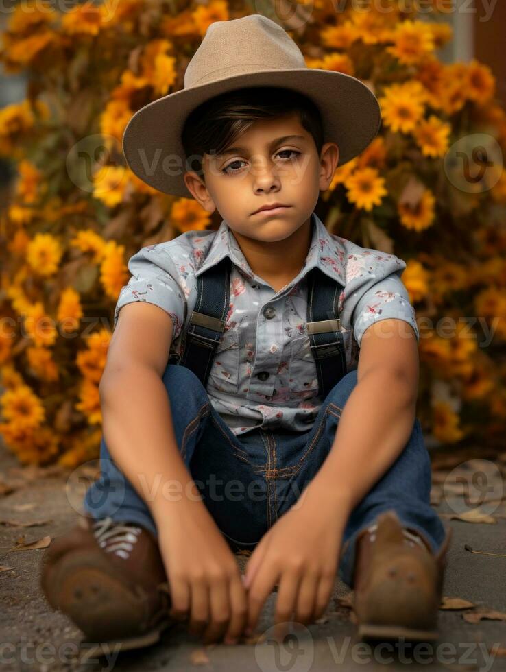 Mexican kid in emotional dynamic pose on autumn background AI Generative photo