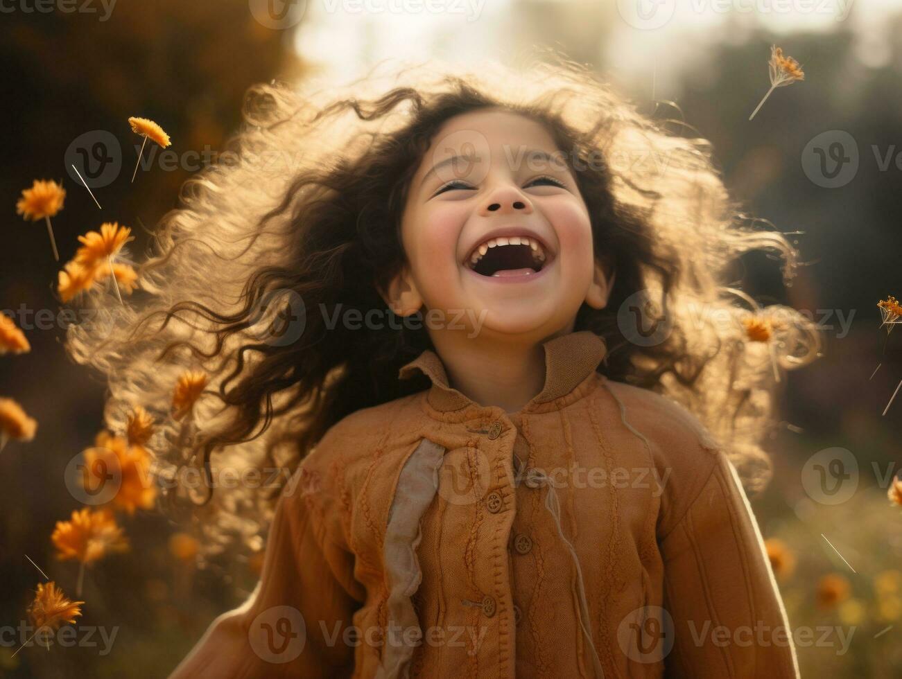 Mexican kid in emotional dynamic pose on autumn background AI Generative photo