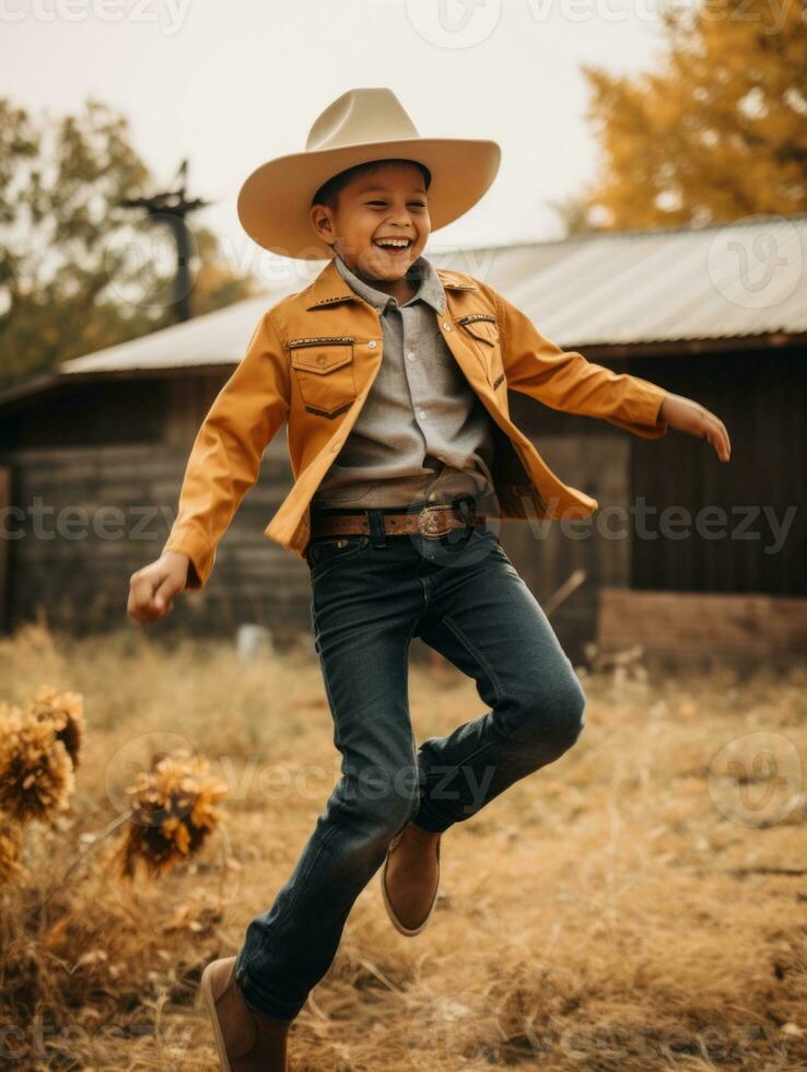 Mexican kid in emotional dynamic pose on autumn background AI Generative photo