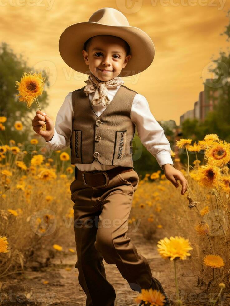 Mexican kid in emotional dynamic pose on autumn background AI Generative photo