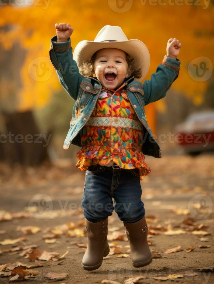 Mexican kid in emotional dynamic pose on autumn background AI Generative photo