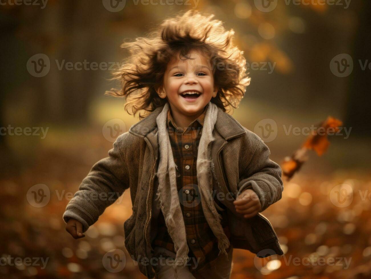 Mexican kid in emotional dynamic pose on autumn background AI Generative photo