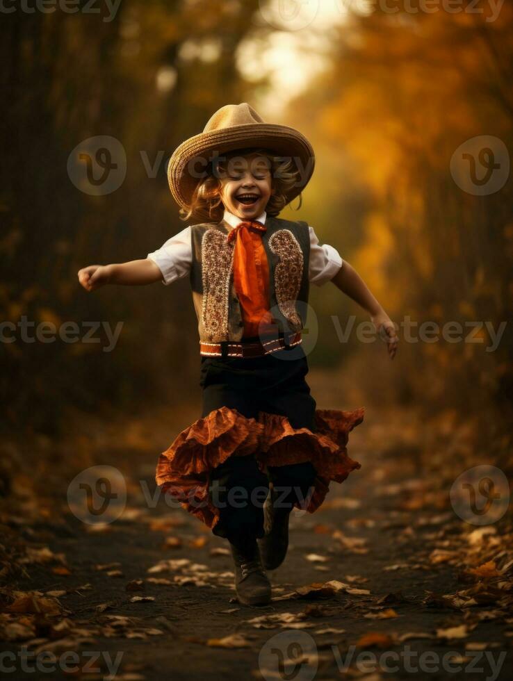 Mexican kid in emotional dynamic pose on autumn background AI Generative photo