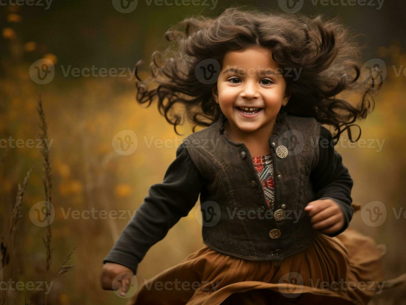 Mexican kid in emotional dynamic pose on autumn background AI Generative photo