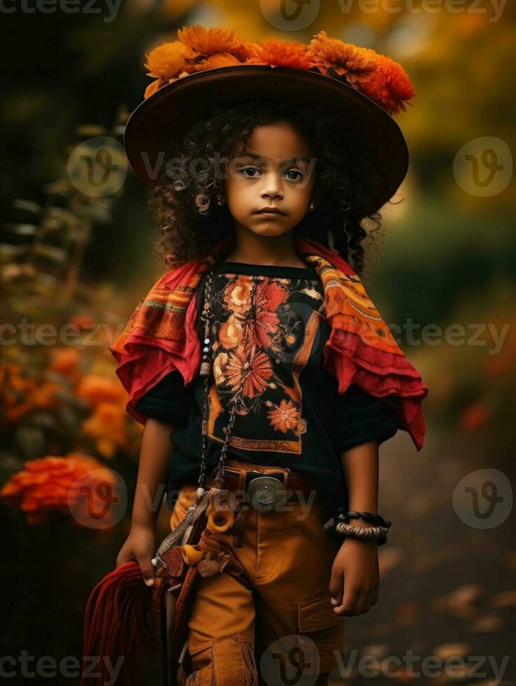 Mexican kid in emotional dynamic pose on autumn background AI Generative photo