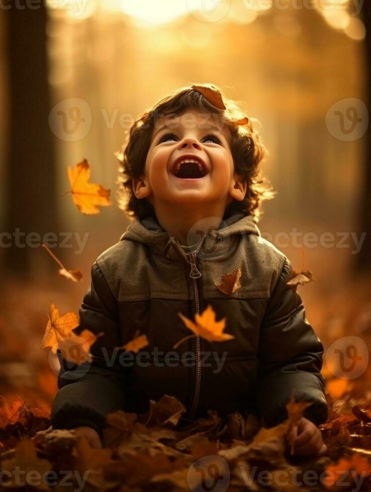 Mexican kid in emotional dynamic pose on autumn background AI Generative photo