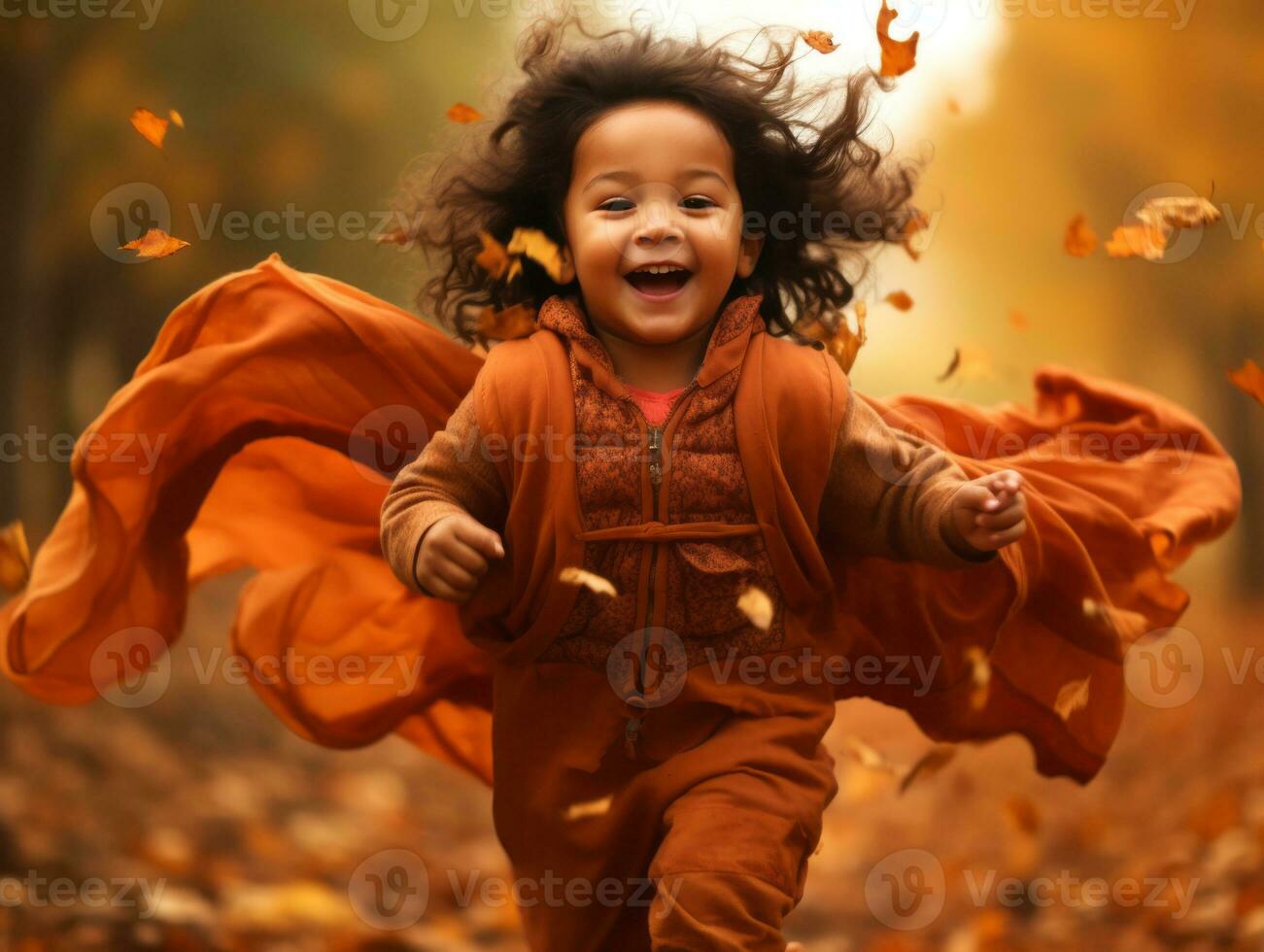 Mexican kid in emotional dynamic pose on autumn background AI Generative photo