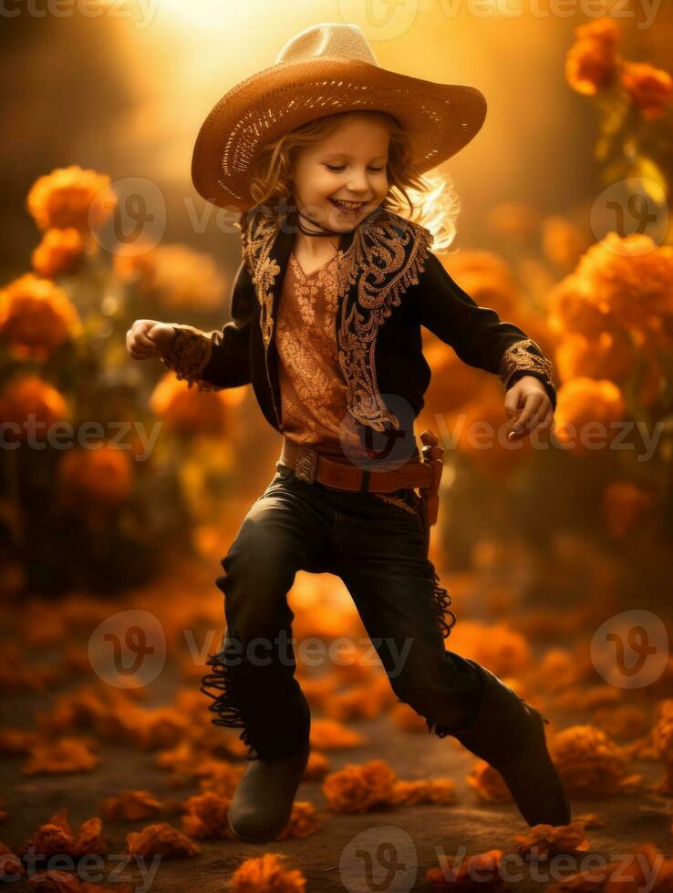 Mexican kid in emotional dynamic pose on autumn background AI Generative photo