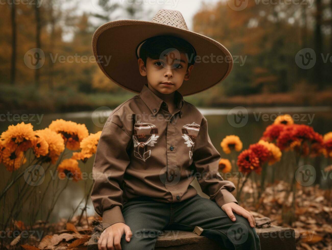 Mexican kid in emotional dynamic pose on autumn background AI Generative photo