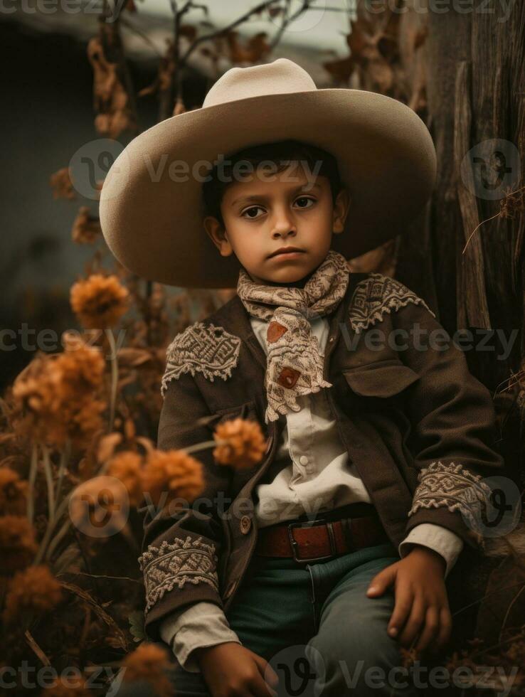 mexicano niño en emocional dinámica actitud en otoño antecedentes ai generativo foto