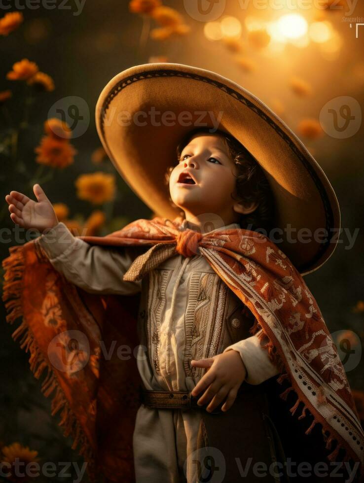 Mexican kid in emotional dynamic pose on autumn background AI Generative photo