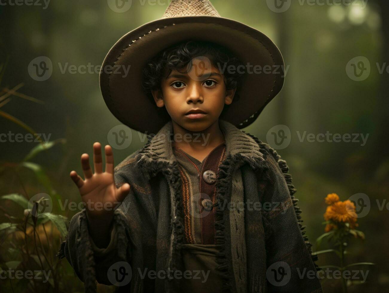 Mexican kid in emotional dynamic pose on autumn background AI Generative photo