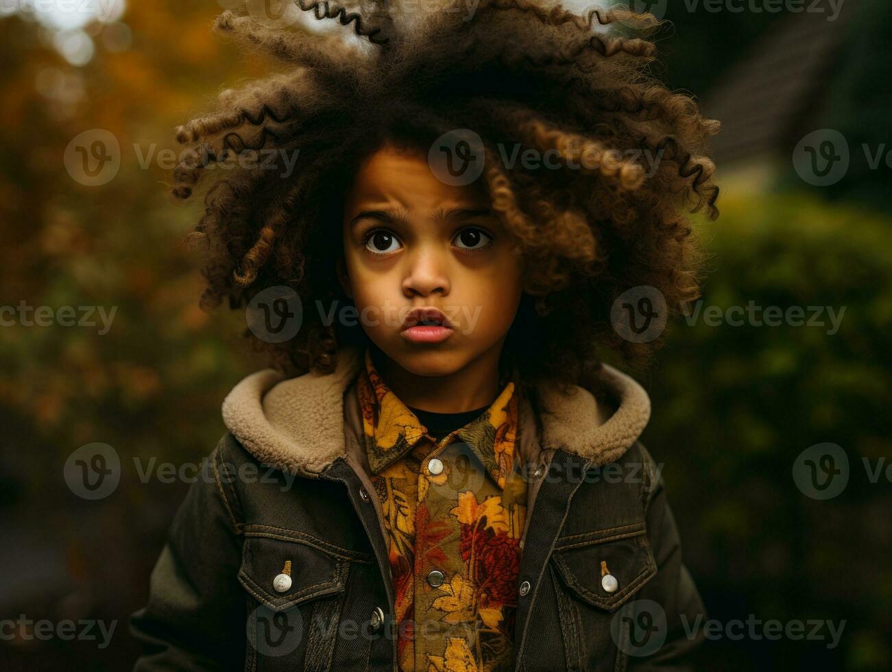 Mexican kid in emotional dynamic pose on autumn background AI Generative photo