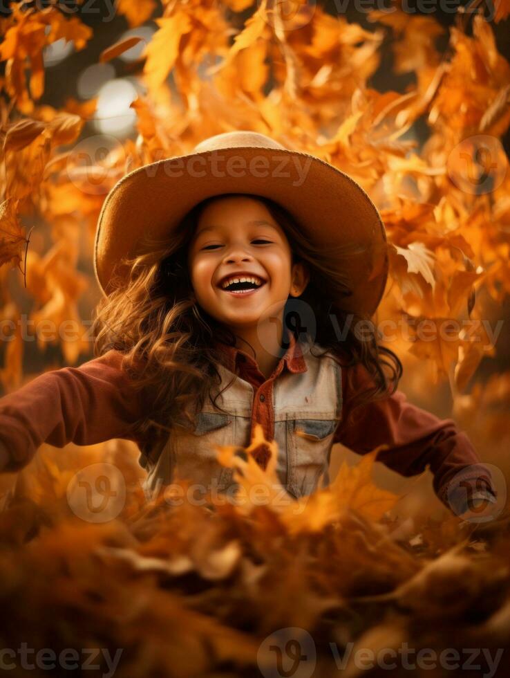 Mexican kid in emotional dynamic pose on autumn background AI Generative photo