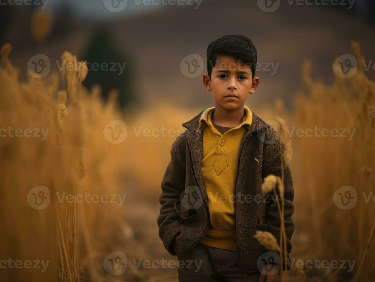 Mexican kid in emotional dynamic pose on autumn background AI Generative photo