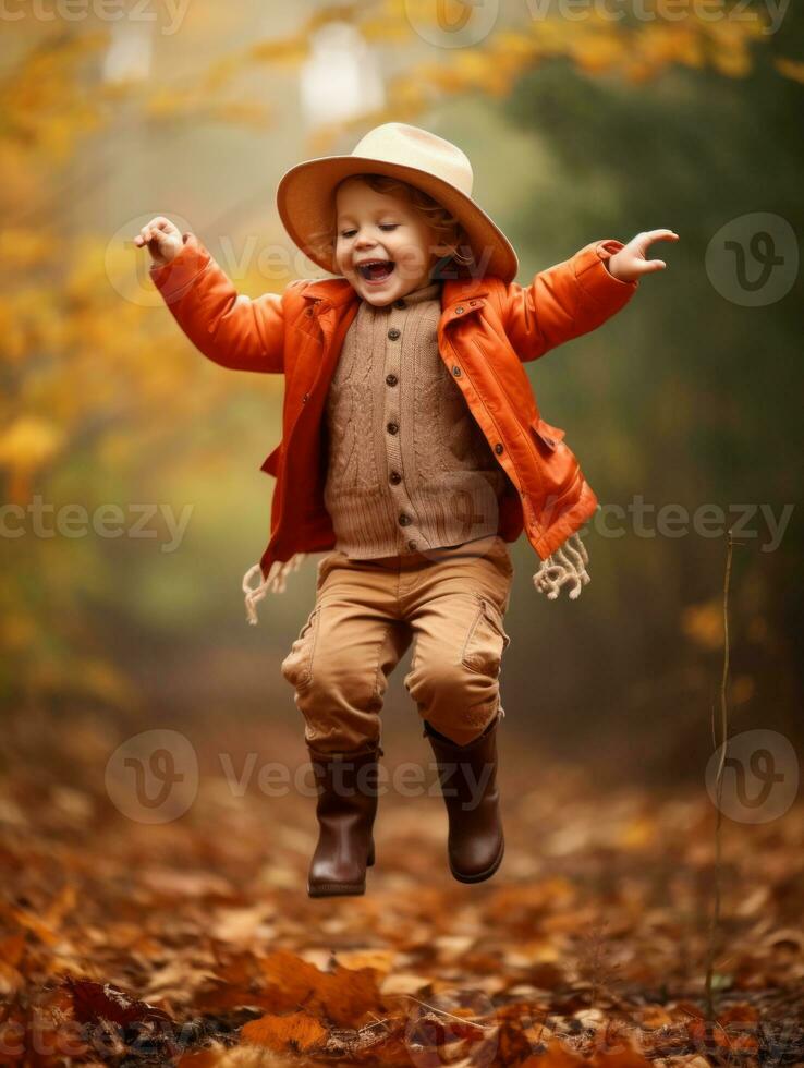 Mexican kid in emotional dynamic pose on autumn background AI Generative photo