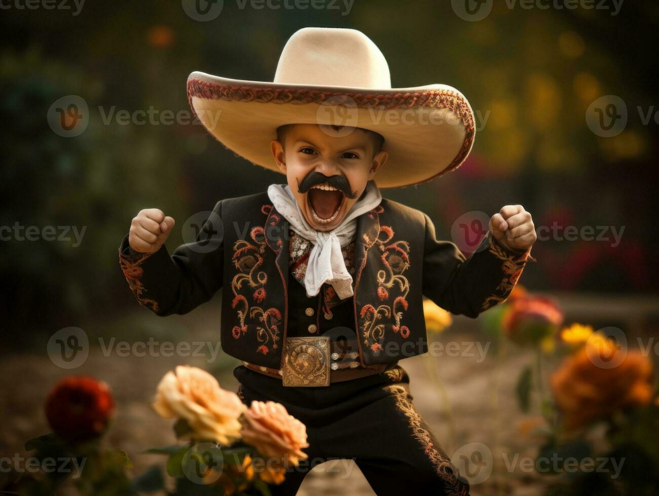 Mexican kid in emotional dynamic pose on autumn background AI Generative photo