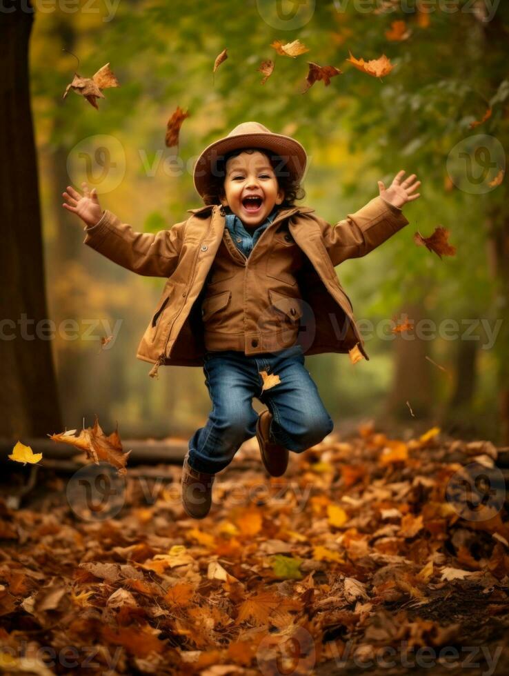 Mexican kid in emotional dynamic pose on autumn background AI Generative photo