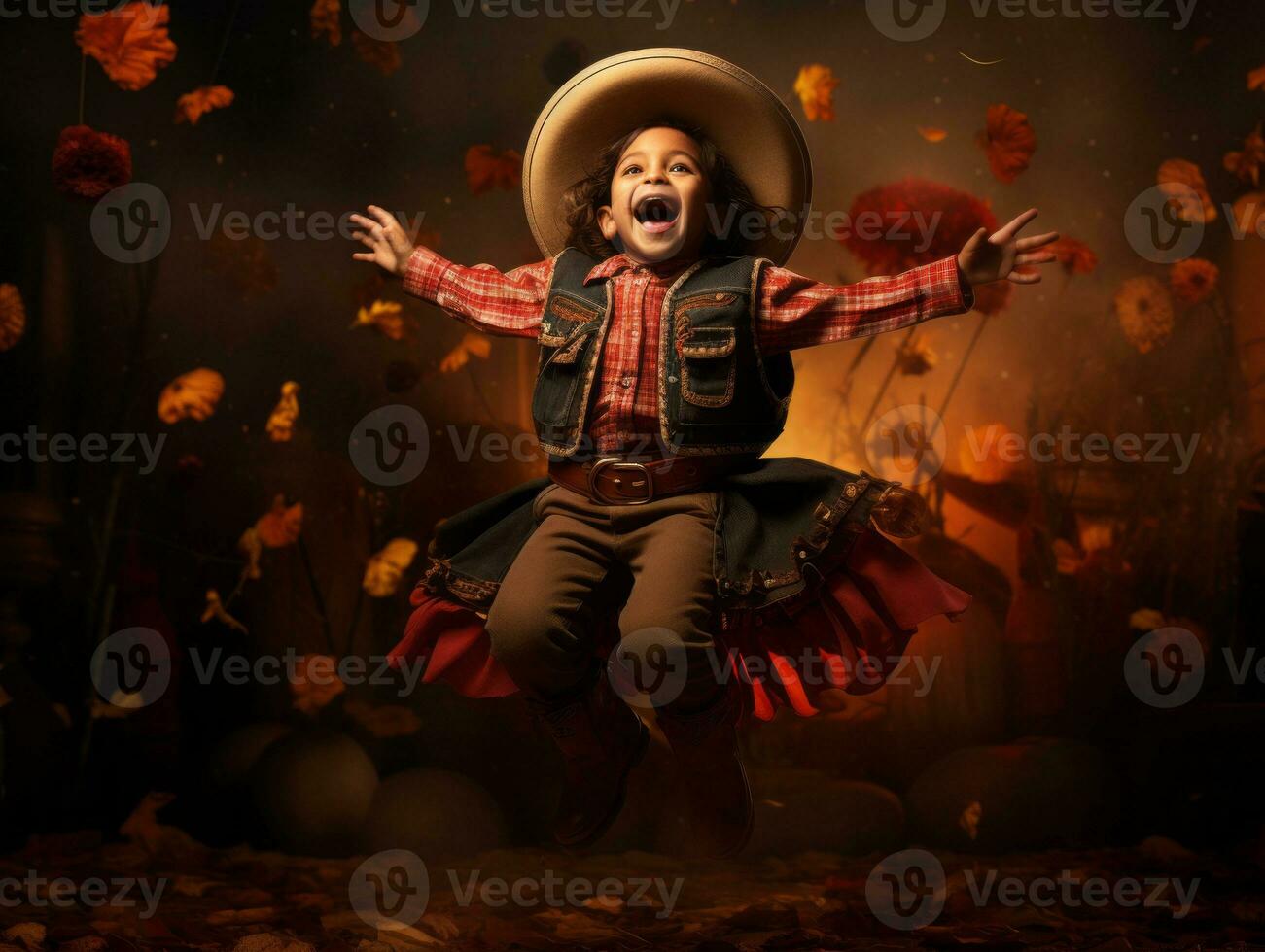 Mexican kid in emotional dynamic pose on autumn background AI Generative photo