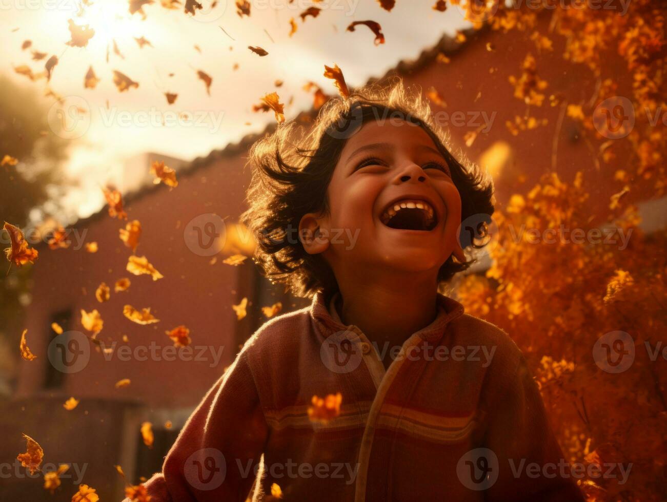 Mexican kid in emotional dynamic pose on autumn background AI Generative photo