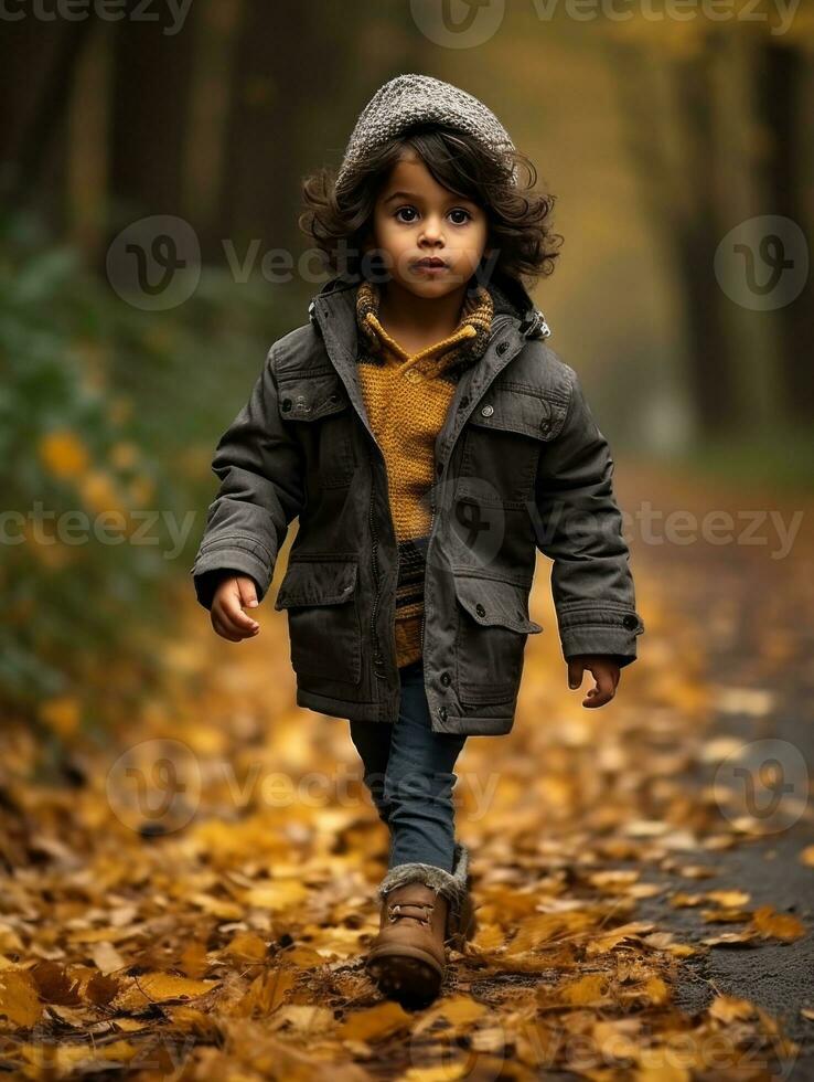 Mexican kid in emotional dynamic pose on autumn background AI Generative photo